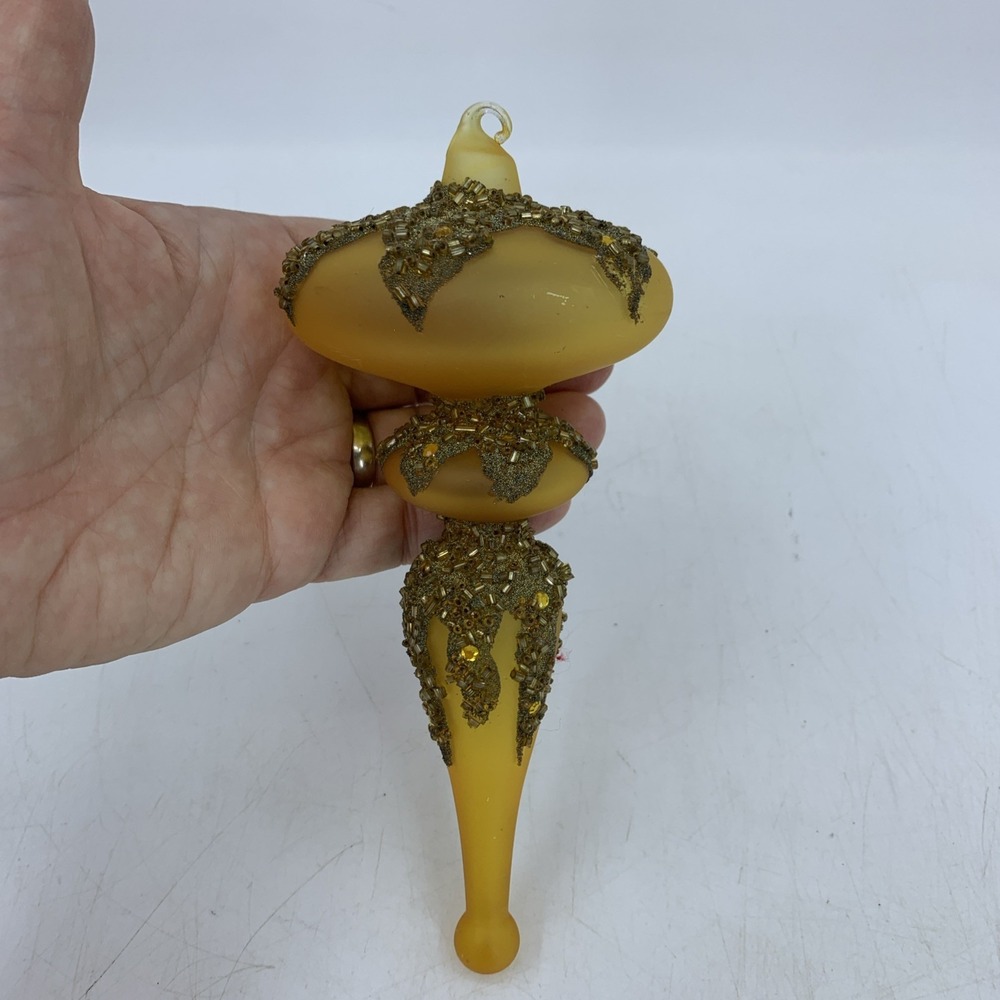 Vtg Amber Finial Ornament 8" Hand Blown Glass Beaded Jewel Christmas Tree Decor